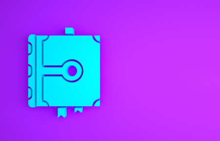 Blue Ancient magic book with alchemy recipes and mystic spells and enchantments icon isolated on purple background. Minimalism concept.の写真素材