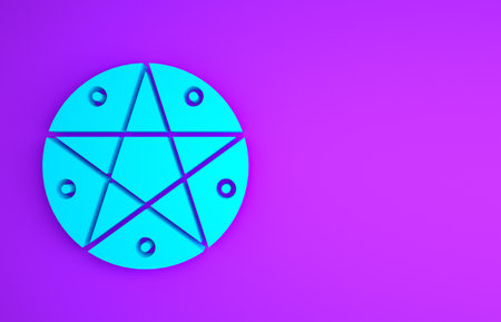 Blue Pentagram in a circle icon isolated on purple background. Magic occult star symbol. Minimalism concept.の写真素材