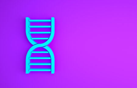 Blue DNA symbol icon isolated on purple background. Minimalism concept.の写真素材