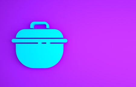 Blue Cooking pot icon isolated on purple background. Boil or stew food symbol. Minimalism concept.の写真素材