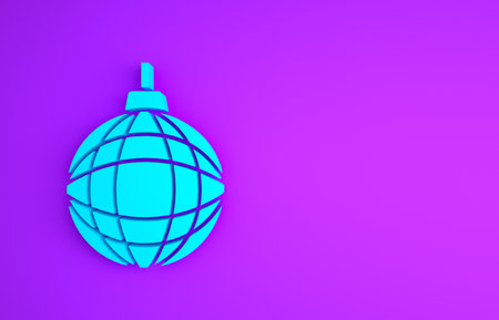 Blue Disco ball icon isolated on purple background. Minimalism concept.の写真素材