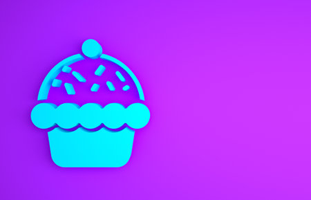 Blue Cupcake icon isolated on purple background. Minimalism concept.の写真素材