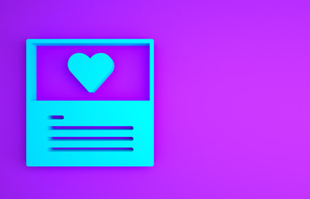 Blue Greeting card icon isolated on purple background. Celebration poster template for invitation or greeting card. Minimalism concept.の写真素材