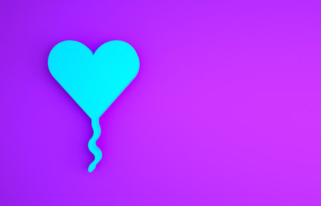Blue Balloon in form of heart with ribbon icon isolated on purple background. Valentines day. Minimalism concept.の写真素材