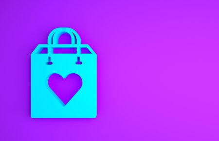 Blue Shopping bag with heart icon isolated on purple background. Shopping bag shop love like heart icon. Valentines day symbol. Minimalism concept.の写真素材