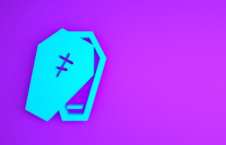 Blue Coffin with christian cross icon isolated on purple background. Happy Halloween party. Minimalism concept.の写真素材