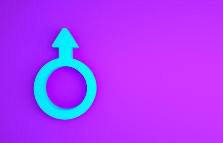 Blue Male gender symbol icon isolated on purple background. Minimalism concept.の写真素材