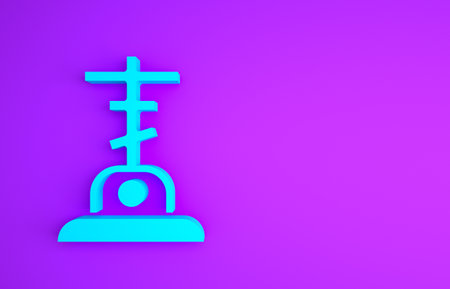Blue Grave with cross icon isolated on purple background. Minimalism concept.の写真素材