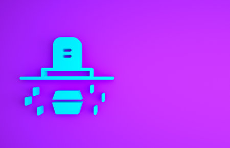 Blue Grave with tombstone and coffin icon isolated on purple background. Minimalism concept.の写真素材