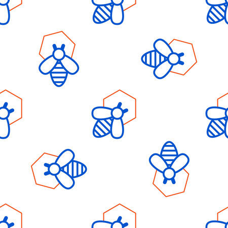 Line Bee and honeycomb icon isolated seamless pattern on white background. Honey cells. Honeybee or...