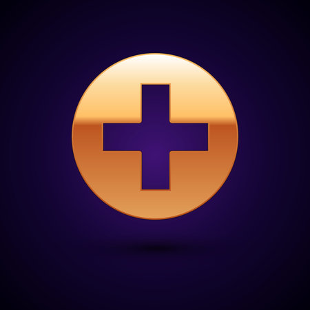 Gold Cross hospital medical icon isolated on black background. First aid. Diagnostics symbol. Medicine and pharmacy sign. Vector Illustrationのイラスト素材
