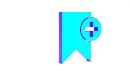 Turquoise Bookmark icon isolated on white background. Add to concept. Minimalism concept. 3d illustration 3D renderの写真素材