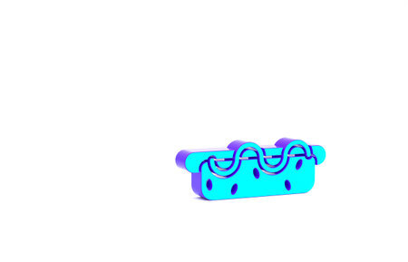 Turquoise Hotdog sandwich with mustard icon isolated on white background. Sausage icon. Street fast food menu. Minimalism concept. 3d illustration 3D renderの写真素材