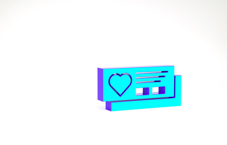 Turquoise Ticket with heart icon isolated on white background. Boarding pass with heart. Minimalism concept. 3d illustration 3D renderの写真素材