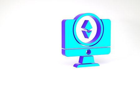 Turquoise Monitor and Cryptocurrency coin Ethereum ETH icon isolated on white background. Altcoin symbol. Blockchain based secure crypto currency. Minimalism concept. 3d illustration 3D renderの写真素材