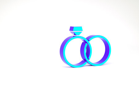 Turquoise Wedding rings icon isolated on white background. Bride and groom jewelery sign. Marriage icon. Diamond ring icon. Minimalism concept. 3d illustration 3D renderの写真素材