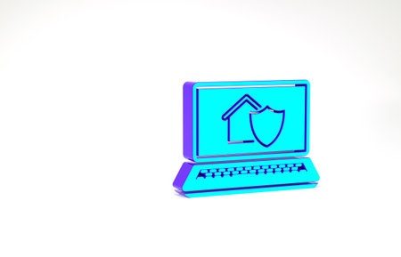 Turquoise Laptop with house under protection icon isolated on white background. Protection, safety, security, protect, defense concept. Minimalism concept. 3d illustration 3D renderの写真素材