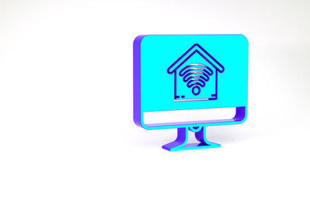 Turquoise Computer monitor with smart home with wifi icon isolated on white background. Remote control. Minimalism concept. 3d illustration 3D renderの写真素材