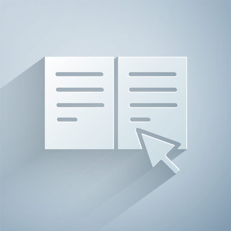 Paper cut Online book icon isolated on grey background. Internet education concept, e-learning resources, distant online courses. Paper art style. Vector Illustrationのイラスト素材