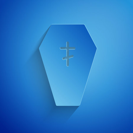 Paper cut Coffin with christian cross icon isolated on blue background. Happy Halloween party. Paper art style. Vectorのイラスト素材