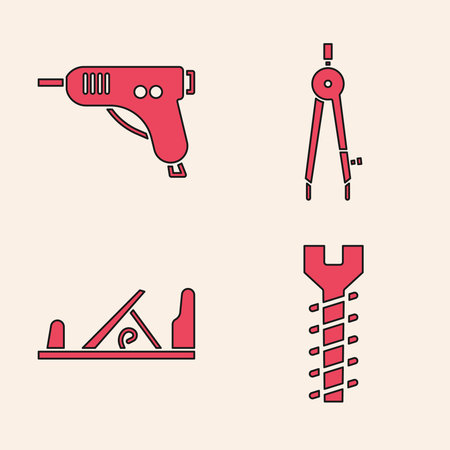 Set Metallic screw, Electric hot glue gun, Drawing compass and Wood plane tool icon. Vectorのイラスト素材