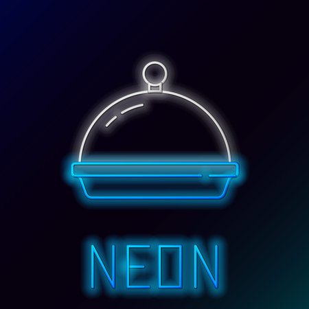 Glowing neon line Covered with a tray of food icon isolated on black background. Tray and lid. Restaurant cloche with lid. Kitchenware symbol. Colorful outline concept. Vectorのイラスト素材
