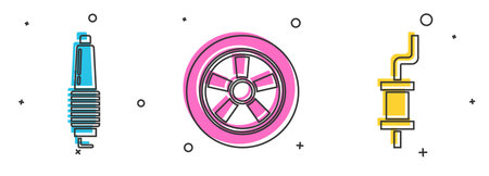 Set Car spark plug, Car wheel and Car muffler icon. Vectorのイラスト素材