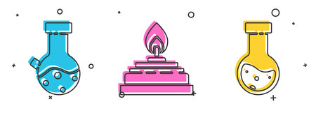 Set Test tube and flask chemical, Alcohol or spirit burner and Test tube and flask chemical icon....