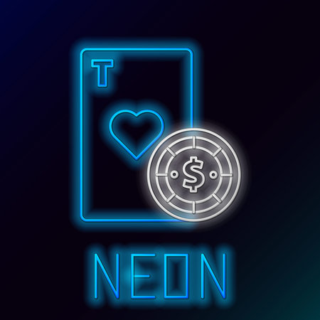 Glowing neon line Casino chip and playing cards icon isolated on black background. Casino poker. Colorful outline concept. Vectorのイラスト素材