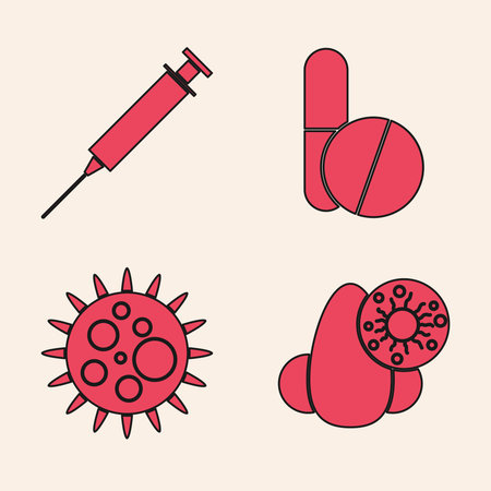 Set Runny nose and virus, Syringe, Medicine pill or tablet and Virus icon. Vectorのイラスト素材