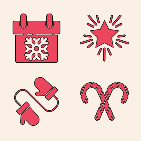 Set Christmas candy cane with stripes, Calendar, Christmas star and Pair of knitted christmas mittens icon. Vectorのイラスト素材