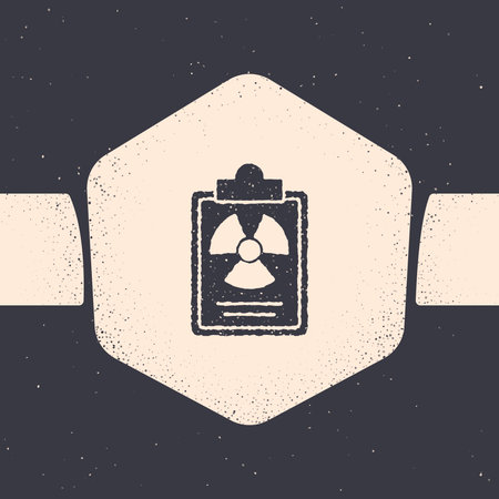 Grunge Radiation warning document icon isolated on grey background. Text file. Monochrome vintage drawing. Vectorのイラスト素材