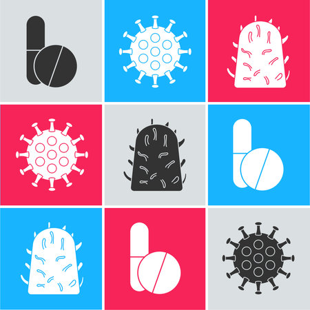 Set Medicine pill or tablet, Virus and Rabies virus icon. Vectorのイラスト素材