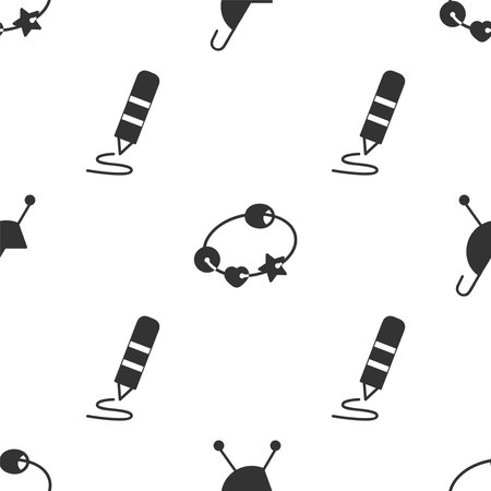 Set Baby stroller, Rattle baby toy and Wax crayon for drawing on seamless pattern. Vectorのイラスト素材