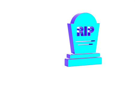 Turquoise Tombstone with RIP written on it icon isolated on white background. Grave icon. Minimalism concept. 3d illustration 3D renderの写真素材