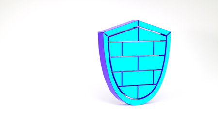 Turquoise Shield with cyber security brick wall icon isolated on white background. Data protection symbol. Firewall logo. Network protection. Minimalism concept. 3d illustration 3D renderの写真素材