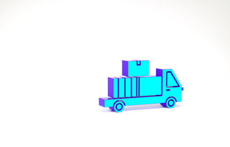 Turquoise Delivery truck with cardboard boxes behind icon isolated on white background. Minimalism concept. 3d illustration 3D renderの写真素材