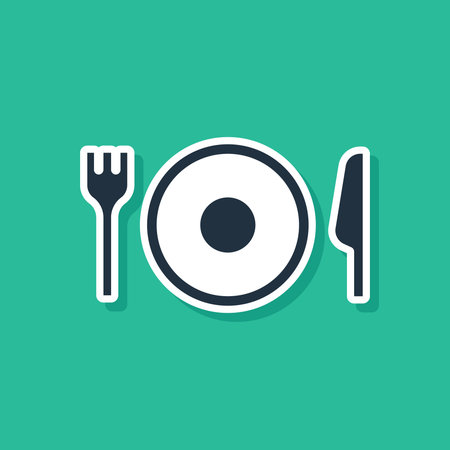 Blue Plate, fork and knife icon isolated on green background. Cutlery symbol. Restaurant sign. Vectorのイラスト素材