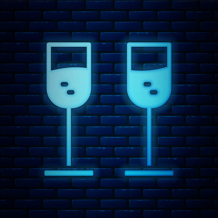 Glowing neon Glass of champagne icon isolated on brick wall background. Vectorのイラスト素材