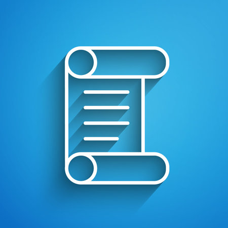 White line Decree, paper, parchment, scroll icon icon isolated on blue background. Long shadow. Vectorのイラスト素材