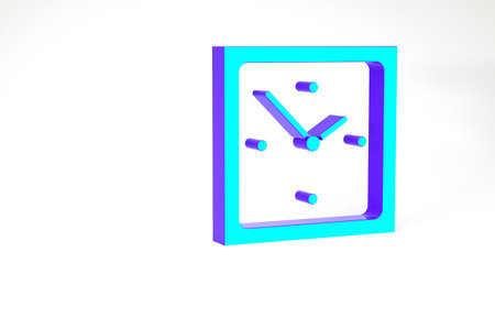 Turquoise Clock icon isolated on white background. Time symbol. Minimalism concept. 3d illustration 3D renderの写真素材