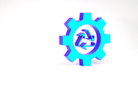 Turquoise Recycle symbol and gear icon isolated on white background. Circular arrow icon. Environment recyclable go green. Minimalism concept. 3d illustration 3D renderの写真素材