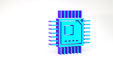 Turquoise Computer processor with microcircuits CPU icon isolated on white background. Chip or cpu...