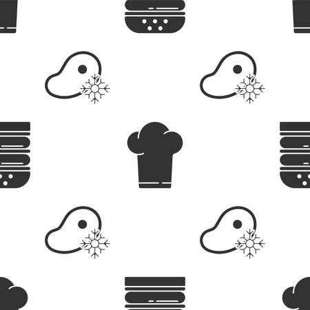 Set Burger, Chef hat and Fresh frozen steak meat on seamless pattern. Vectorのイラスト素材