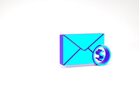 Turquoise Envelope with coin dollar symbol icon isolated on white background. Salary increase, money payroll, compensation income. Minimalism concept. 3d illustration 3D renderの写真素材