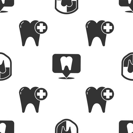 Set Dental protection, Dental clinic location and Tooth on seamless pattern. Vectorのイラスト素材