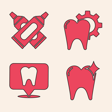Set Tooth whitening concept, Crossed tube of toothpaste, Tooth treatment procedure and Dental clinic location icon. Vectorのイラスト素材