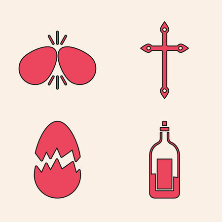 Set Bottle of wine, Easter eggs, Christian cross and Broken egg icon. Vectorのイラスト素材