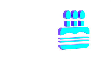Turquoise Cake with burning candles icon isolated on white background. Happy Birthday. Minimalism concept. 3d illustration 3D render.の写真素材