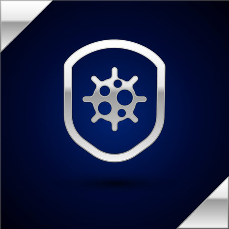 Silver Shield protecting from virus, germs and bacteria icon isolated on dark blue background. Immune system concept. Corona virus 2019-nCoV. Vectorのイラスト素材